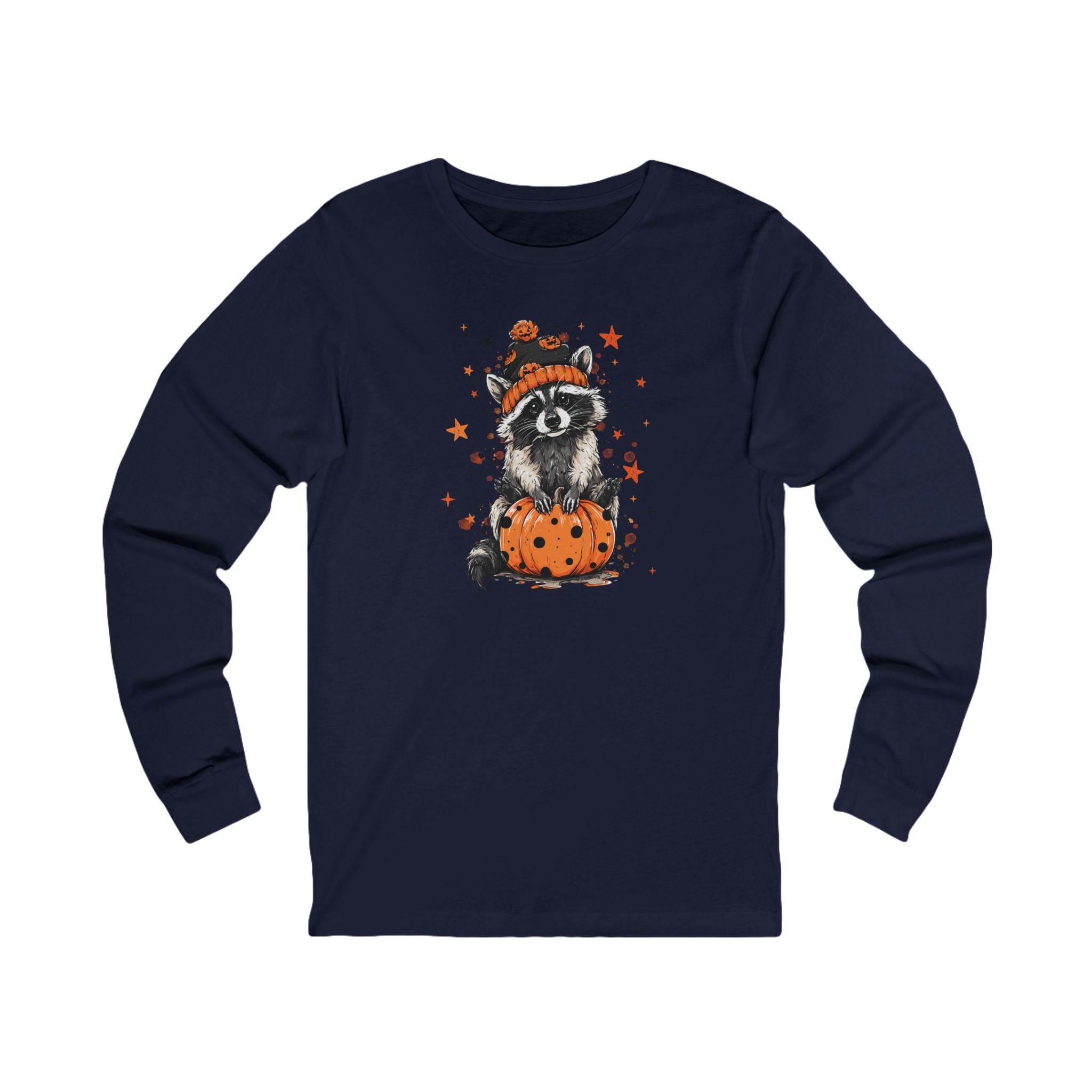 Cute Raccoon Halloween Long Sleeve Tee, Fall Fashion, Raccoon/Pumpkin Shirt, Unisex Apparel, Seasonal Gift