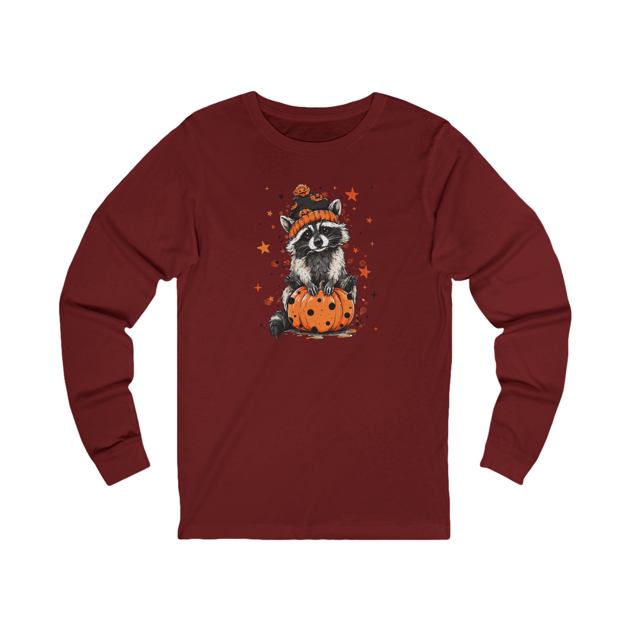 Cute Raccoon Halloween Long Sleeve Tee, Fall Fashion, Raccoon/Pumpkin Shirt, Unisex Apparel, Seasonal Gift
