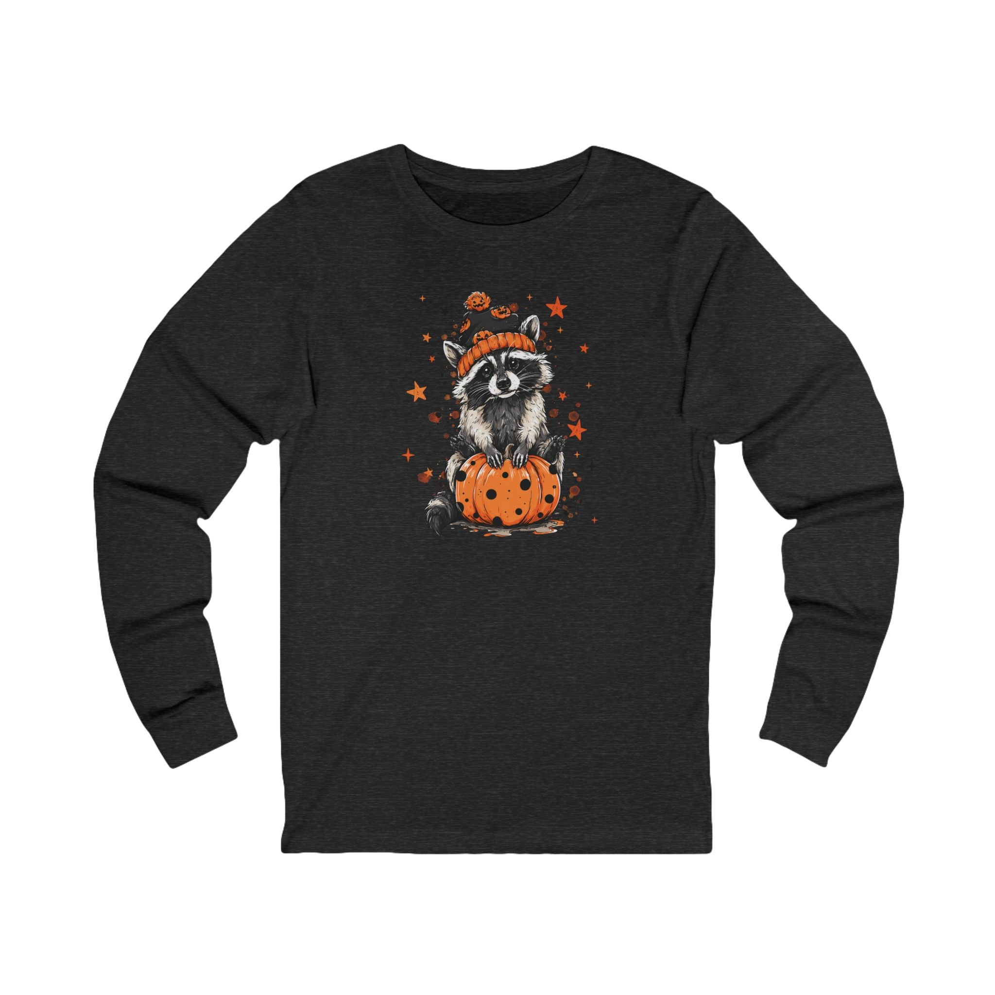 Cute Raccoon Halloween Long Sleeve Tee, Fall Fashion, Raccoon/Pumpkin Shirt, Unisex Apparel, Seasonal Gift