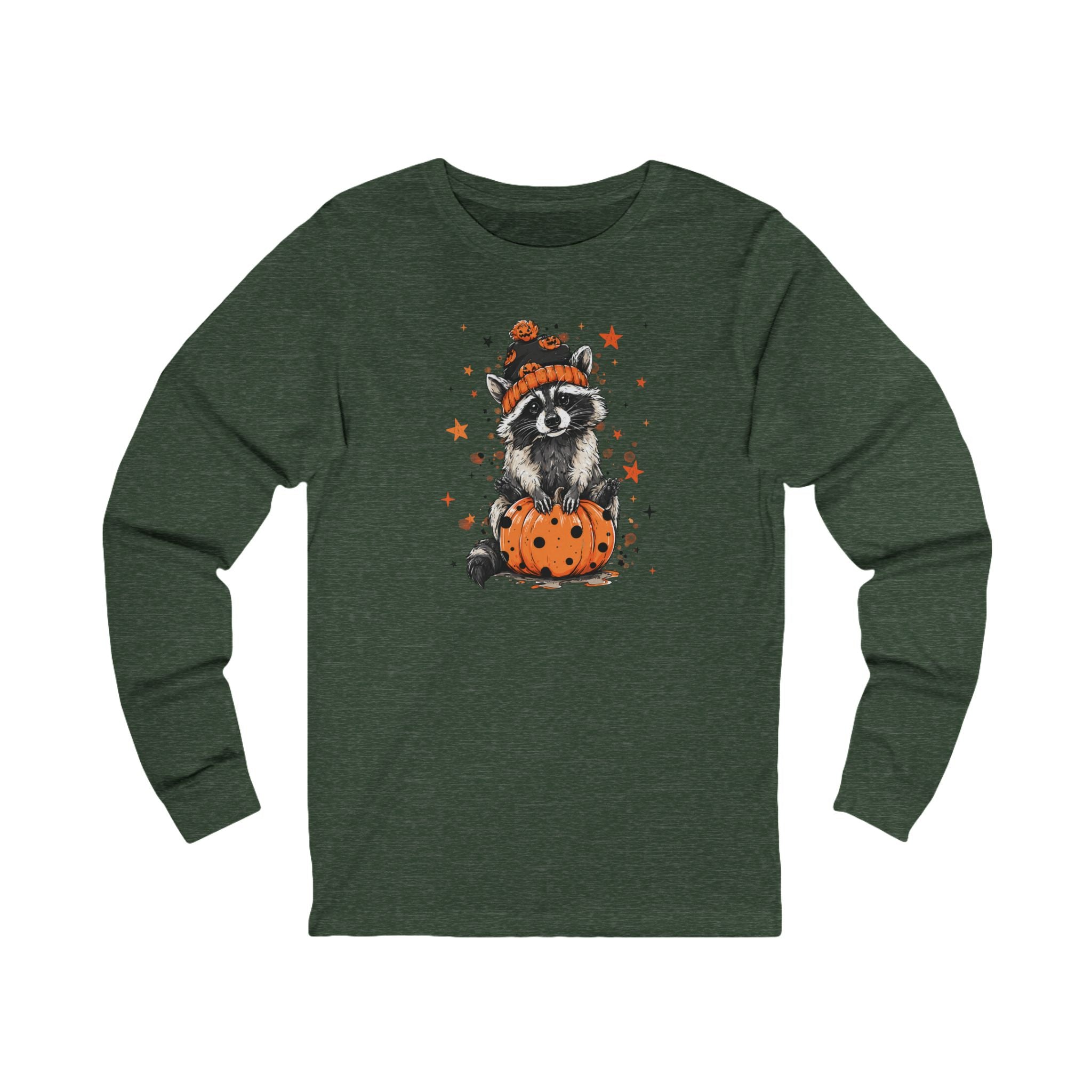 Cute Raccoon Halloween Long Sleeve Tee, Fall Fashion, Raccoon/Pumpkin Shirt, Unisex Apparel, Seasonal Gift