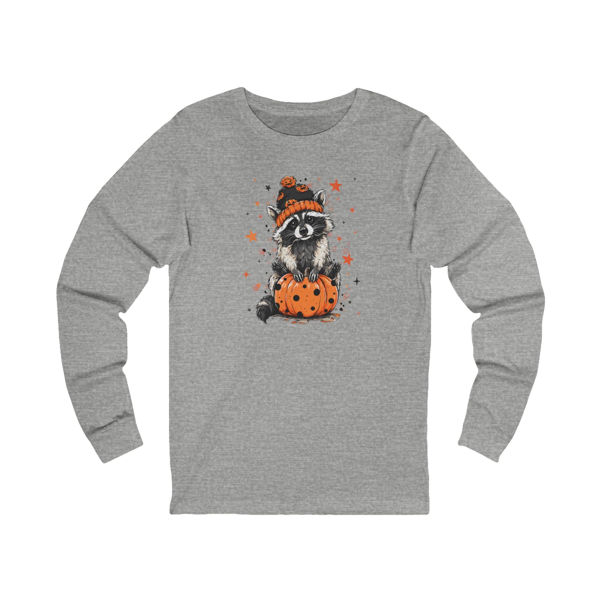 Cute Raccoon Halloween Long Sleeve Tee, Fall Fashion, Raccoon/Pumpkin Shirt, Unisex Apparel, Seasonal Gift
