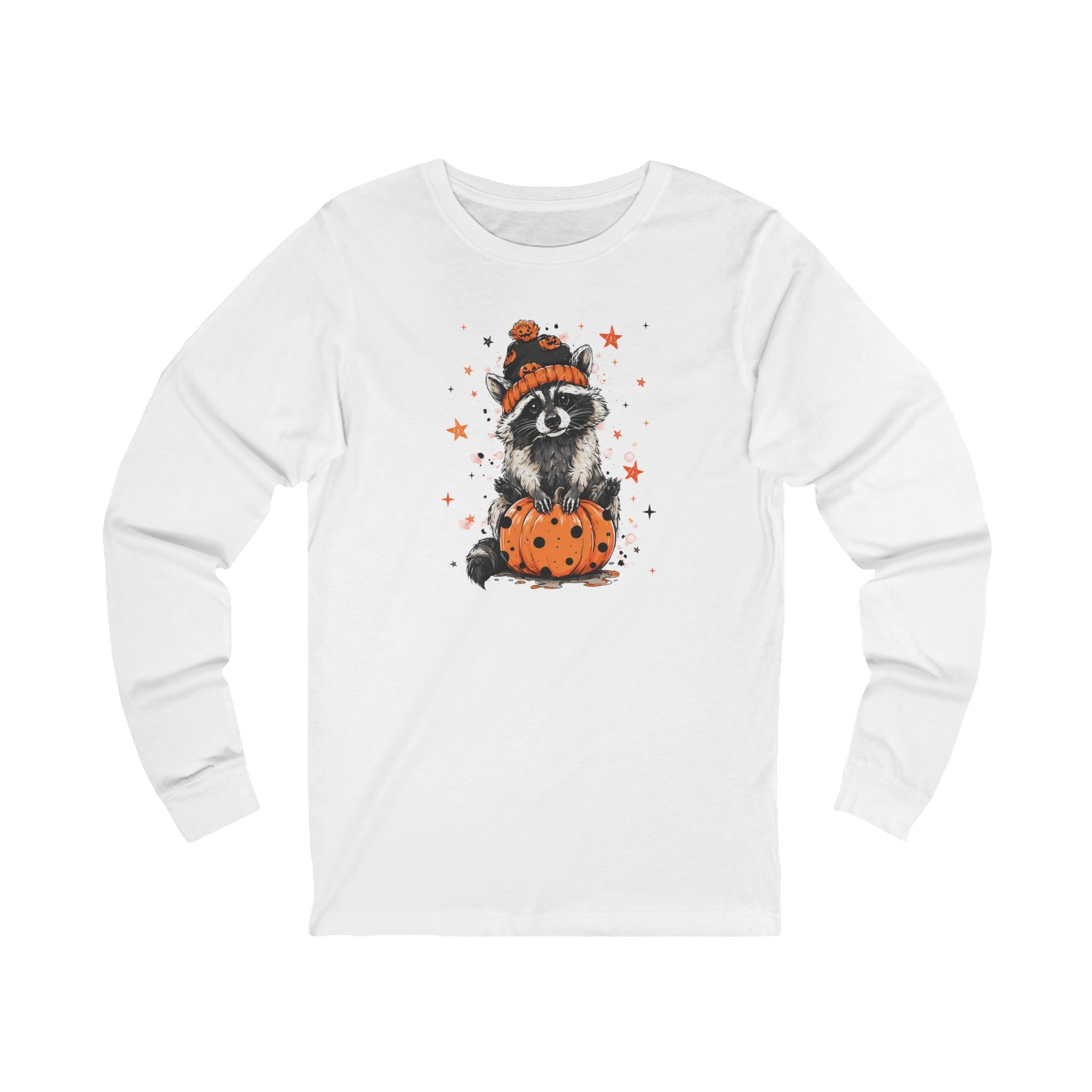 Cute Raccoon Halloween Long Sleeve Tee, Fall Fashion, Raccoon/Pumpkin Shirt, Unisex Apparel, Seasonal Gift