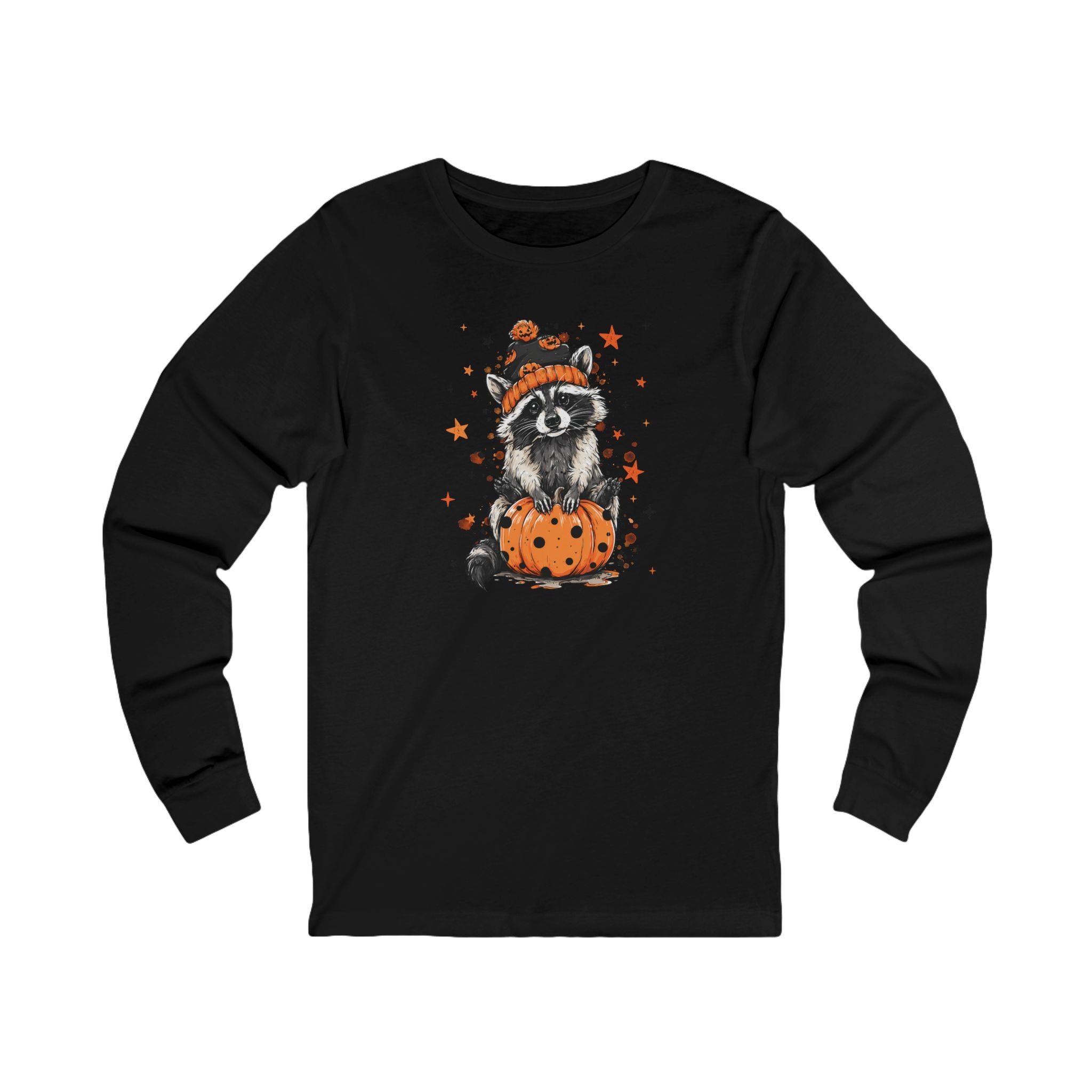 Cute Raccoon Halloween Long Sleeve Tee, Fall Fashion, Raccoon/Pumpkin Shirt, Unisex Apparel, Seasonal Gift